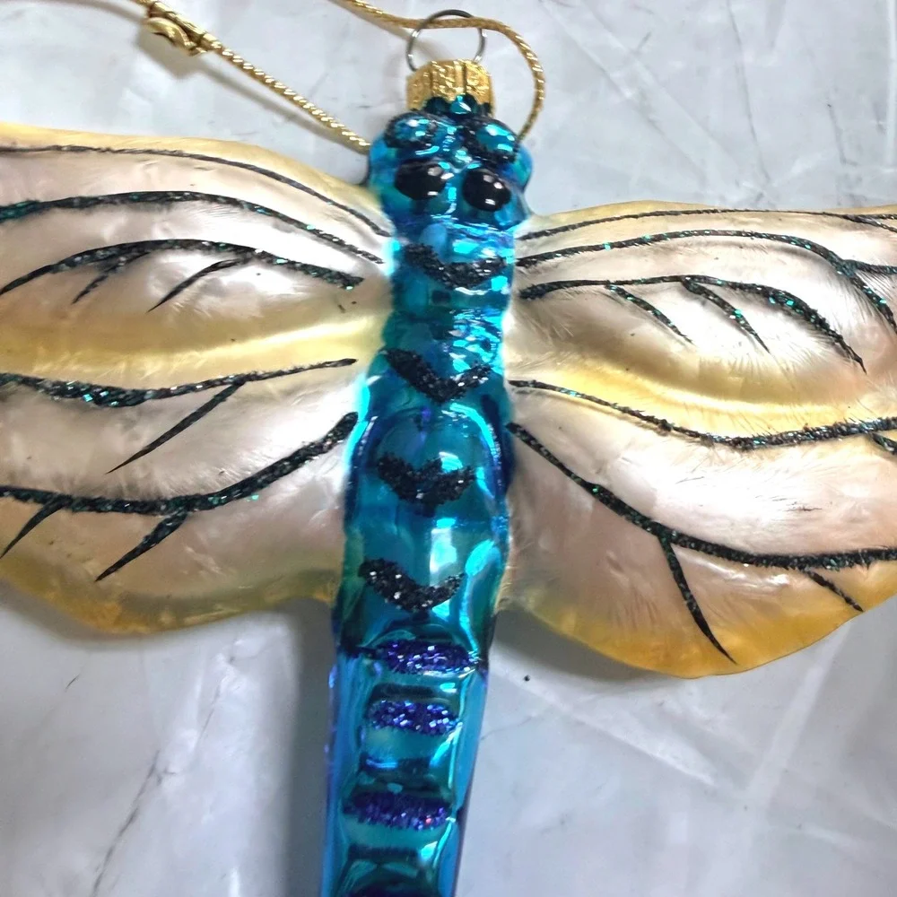 Blue Glass Dragonfly Christmas Ornament Glitter Iridescent Wings Insect Decor